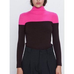 Zara color block turtleneck sweater Pink Black Ribbed Small